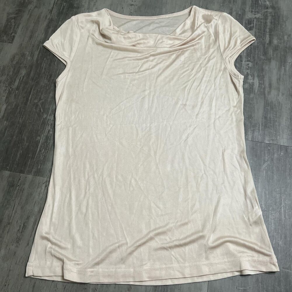 Cowlneck Cap Sleeve Satin Blouse Beige Size Medium